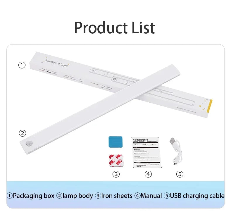 USB Rechargeable LED Motion Sensor Bar Light — Dimmable 3-Color Under-Cabinet Night Light, 10/20/30/40/50 cm (4–20 in)