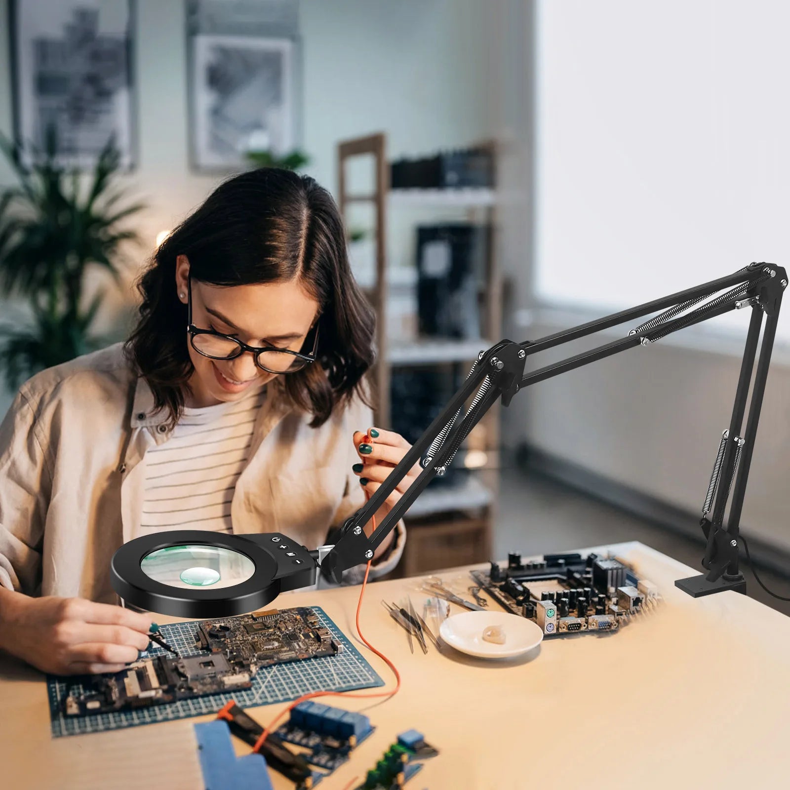 Adjustable 5X/10X Magnifying Lamp with 110mm (4.3 in) Lens - Touch 5-Color LED, 10-Level Dimming, Long Swing Arm Clamp Light for Reading, Jewelry & Soldering