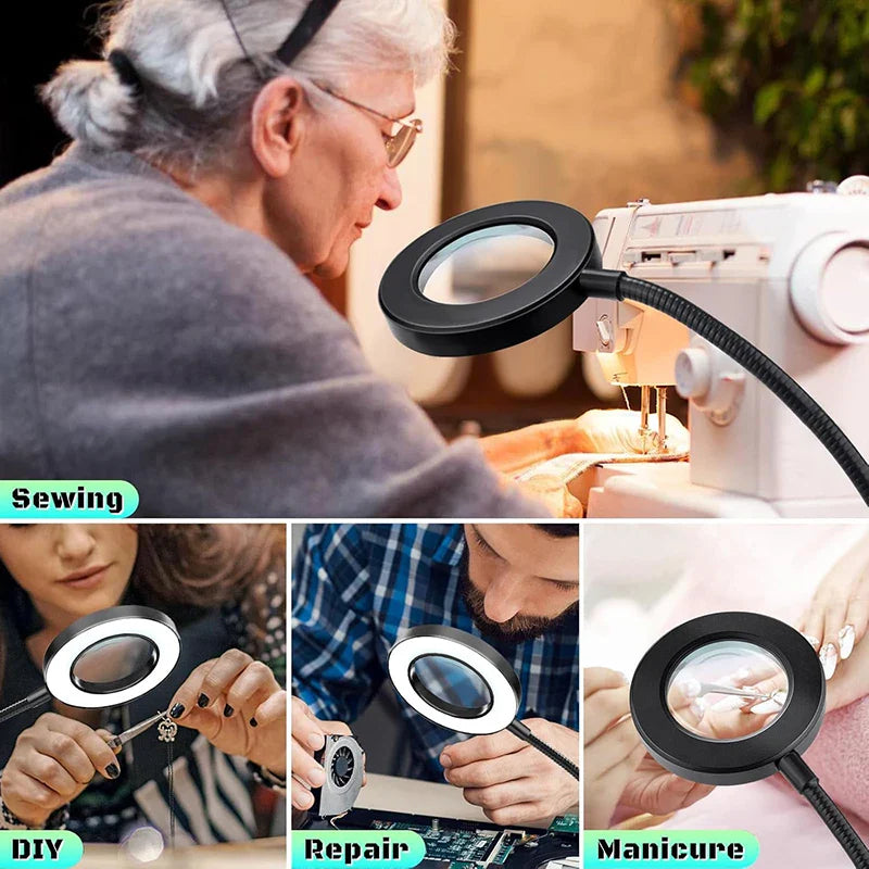10X Clamp-On Gooseneck Magnifying Glass with 3-Color LED, 3.7 in (94 mm) Glass Lens for Reading, Nail Art & Crafts