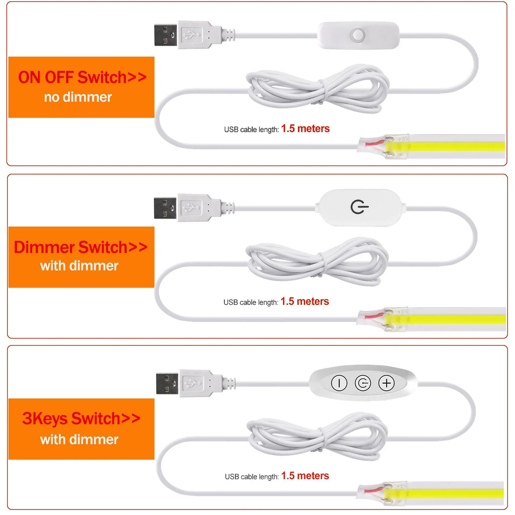 Dimmable COB LED Strip Light 5V USB with ON/OFF Switch — 320 LEDs/m High-Density Flexible Tape Light, Adhesive Backing, 3000K/4000K/6000K
