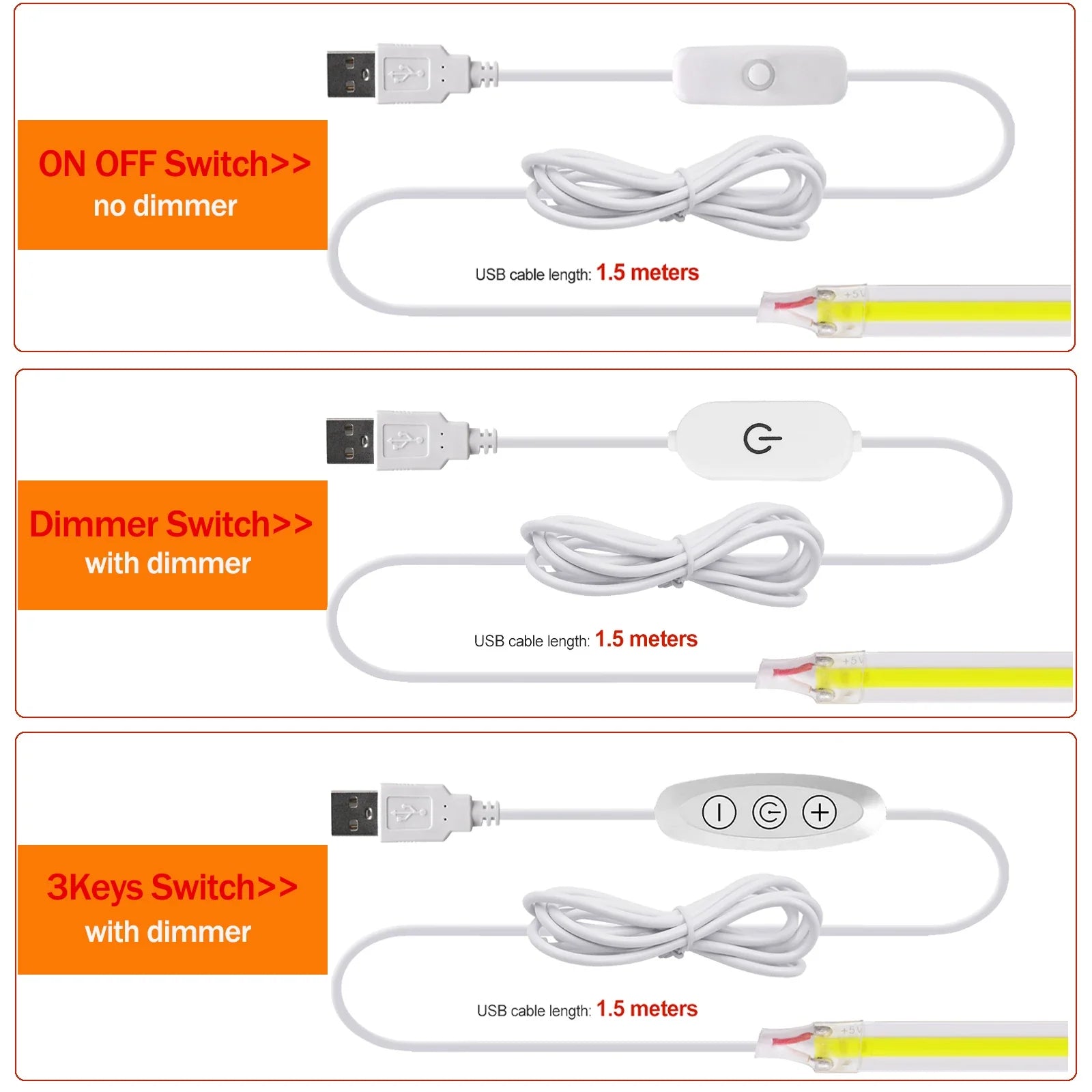 Dimmable COB LED Strip Light 5V USB with ON/OFF Switch — 320 LEDs/m High-Density Flexible Tape Light, Adhesive Backing, 3000K/4000K/6000K