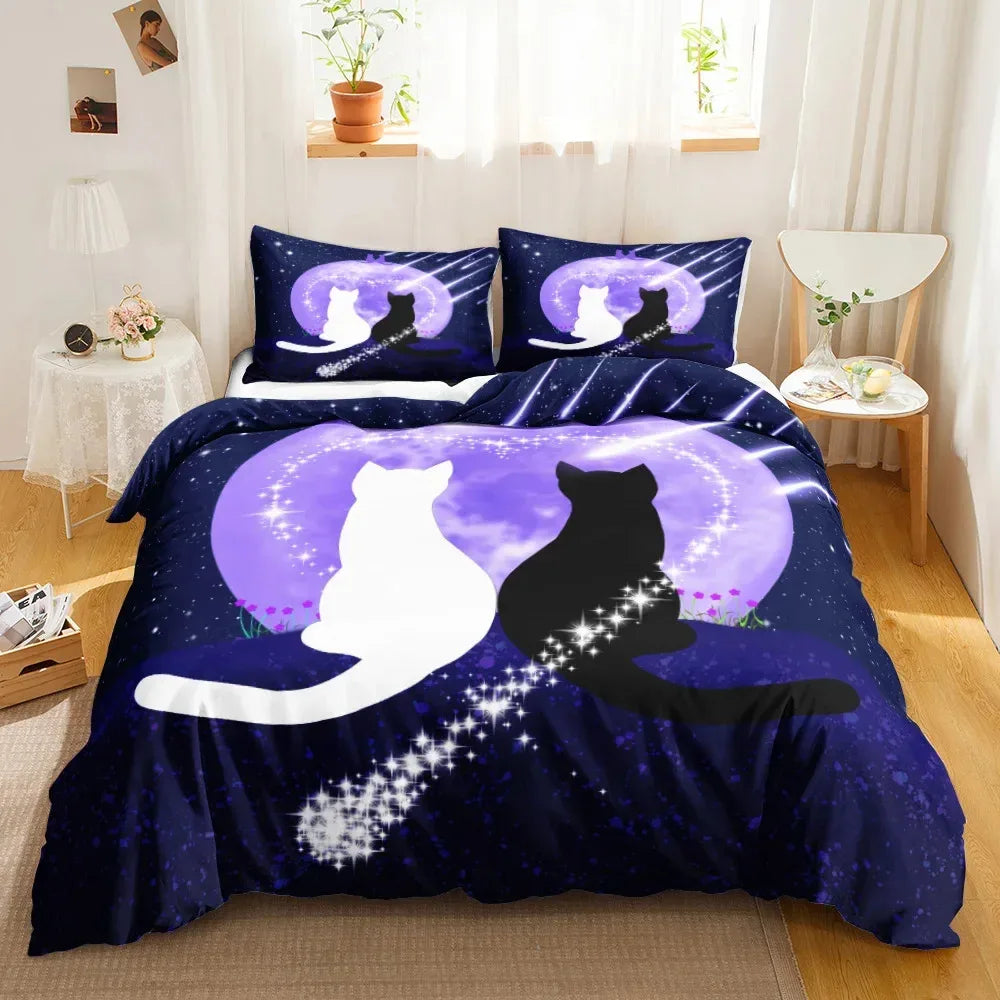 3-Piece Cute Cat Duvet Cover Set - Single-Sided Printed Cartoon Comforter Cover with Pillowcases