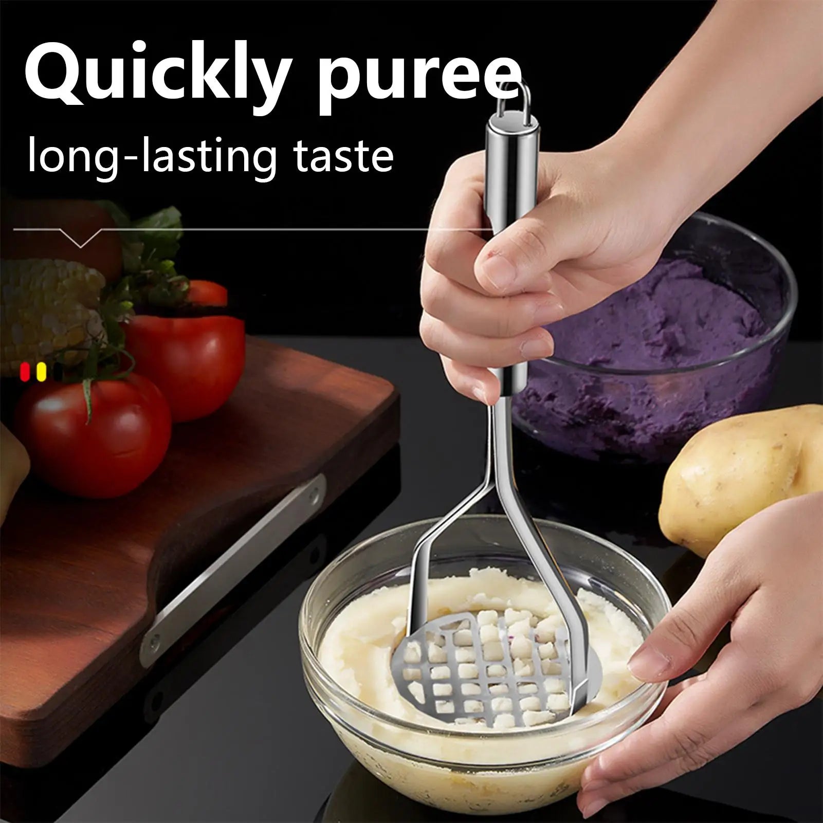 Stainless Steel Potato Masher & Ricer – Manual Garlic and Vegetable Masher, Handheld Kitchen Tool