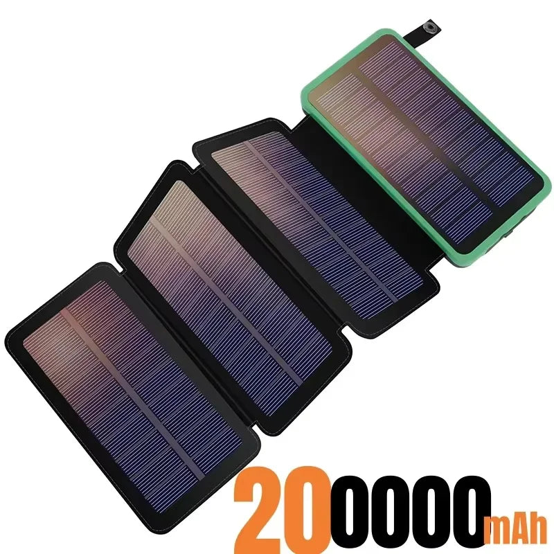 200,000mAh Solar Power Bank with Folding Solar Panels 120W Portable Charger with Built-in Cables USB-C USB-A Lightning Flashlight Digital Display for iPhone Android