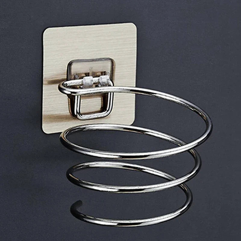 Wall-Mounted Hair Dryer Holder Stainless Steel Spiral Stand – Nail-Free Adhesive, 12 x 10 cm (4.72 x 3.94 in)