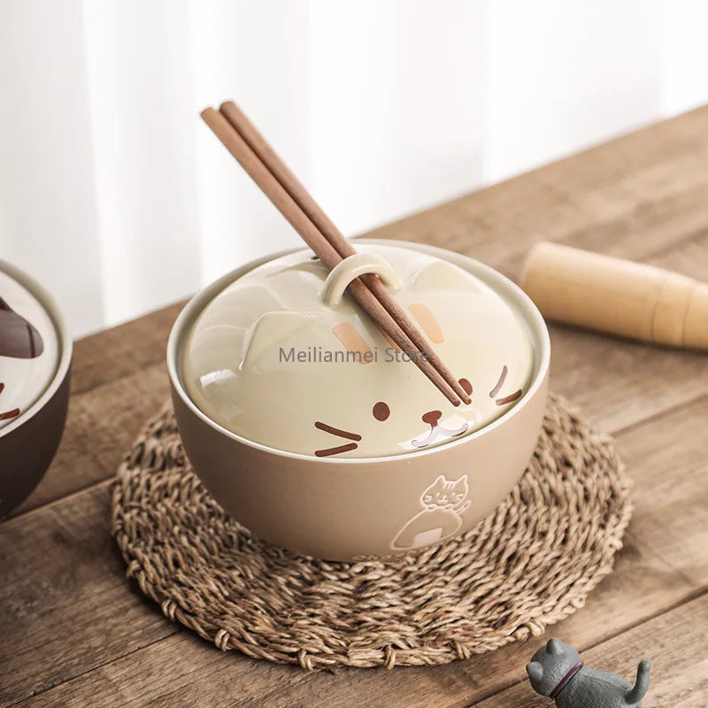 Japanese Style Ceramic Soup Bowl with Lid Cute Cat Cartoon Porcelain Noodle & Rice Bowl
