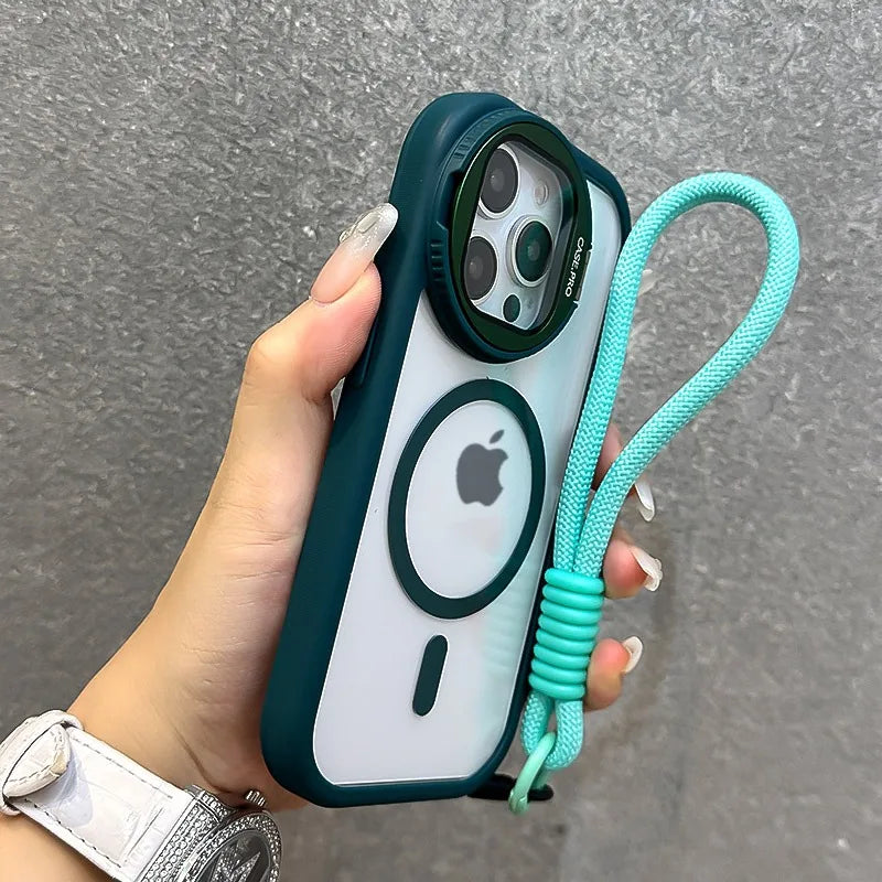 16 ProMax Flip Lens Bracket Magsafe Case for iPhone 16 15 14 13 12 11 Pro Max 16 Plus Fashion Nylon Lanyard Clear Magnetic Cover