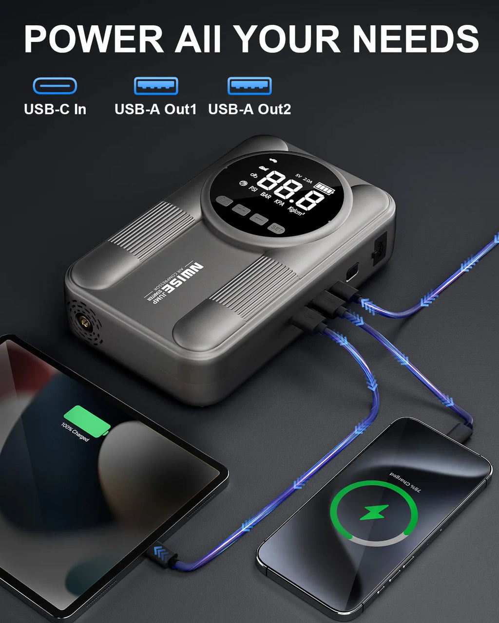 Car Jump Starter with Air Pump – 18,000–20,000mAh 12V Power Bank, 1200A+ Peak, 150 PSI (10.3 bar) Tire Inflator, USB & LED SOS Light