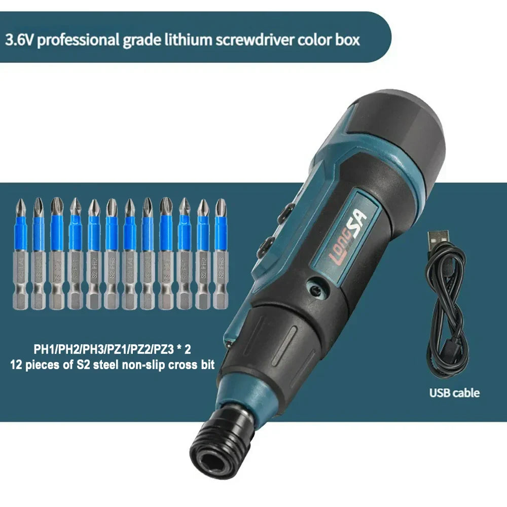 3.6V Mini Cordless Electric Screwdriver — Torque Adjustable Straight Handle, 6.35mm (1/4") Hex Chuck, 1300mAh Lithium Battery