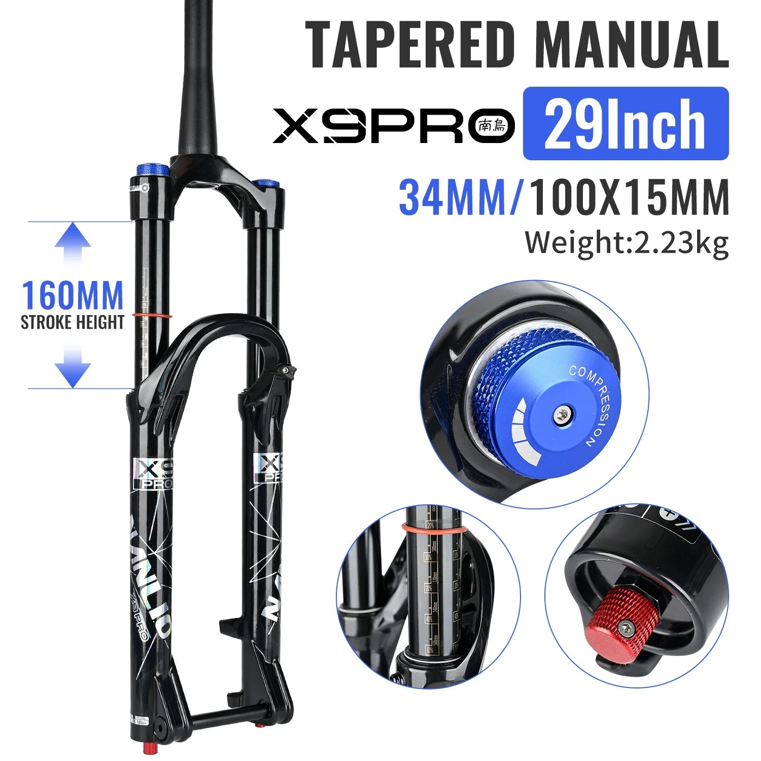34mm MTB Suspension Fork for 26/27.5/29 in Wheels, Oil & Air Damping, 140/160mm (5.5/6.3 in) Travel with Metal Bushings
