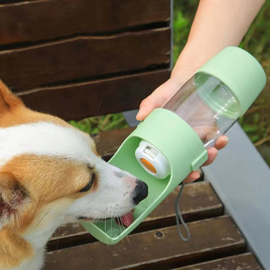 Portable 500ml (16.9 fl oz) Pet Water Bottle with Food Storage & Foldable Bowl - Travel Feeder for Dogs & Cats