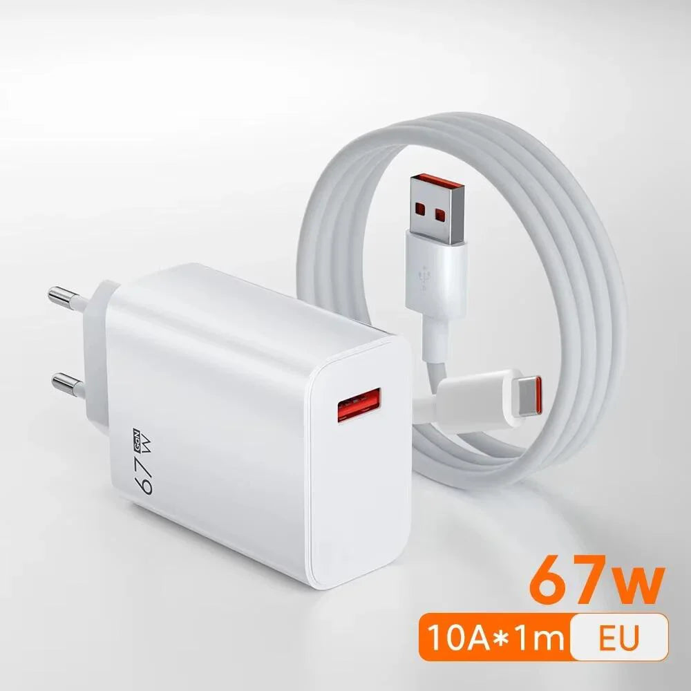 67W GaN USB-C Fast Charger with EU/US/UK Plugs & 10A Type-C Cable, Fast PD Charging for iPhone Samsung Xiaomi Huawei