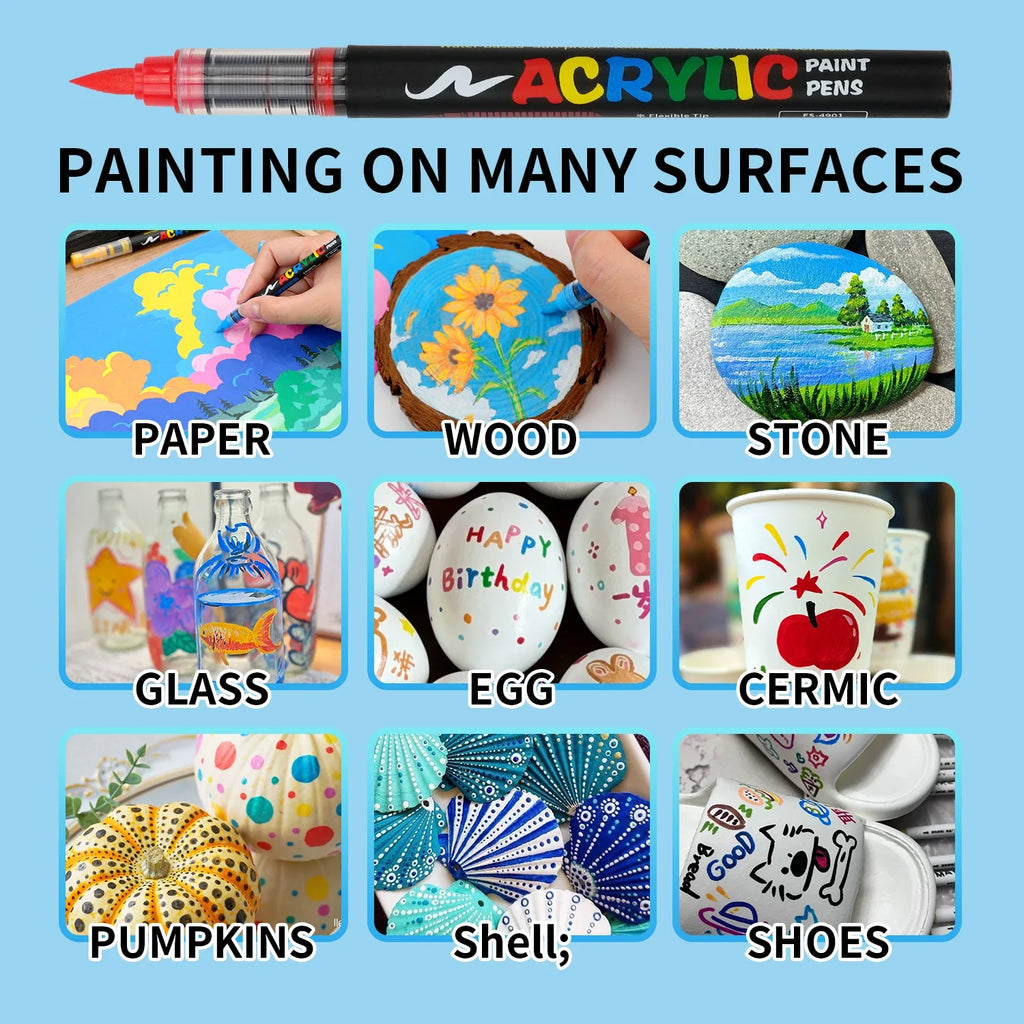 Acrylic Paint Brush Marker Set – Soft Brush Tip with Automatic Ink Control | Paint Pens for Wood, Stone, Glass, Canvas & Fabric