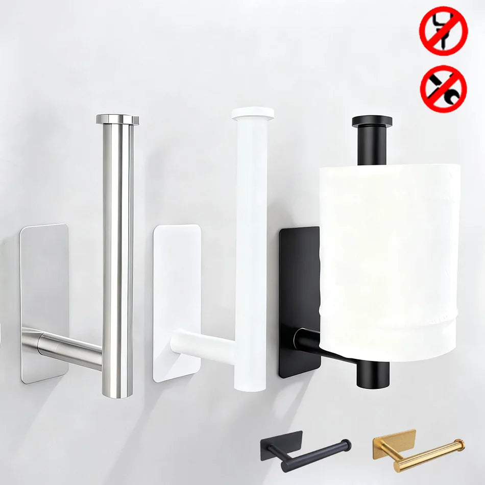 Stainless Steel Wall Mount Paper Holder Adhesive & Free-Nail Toilet Tissue Towel Shelf, Brushed Gold White Black