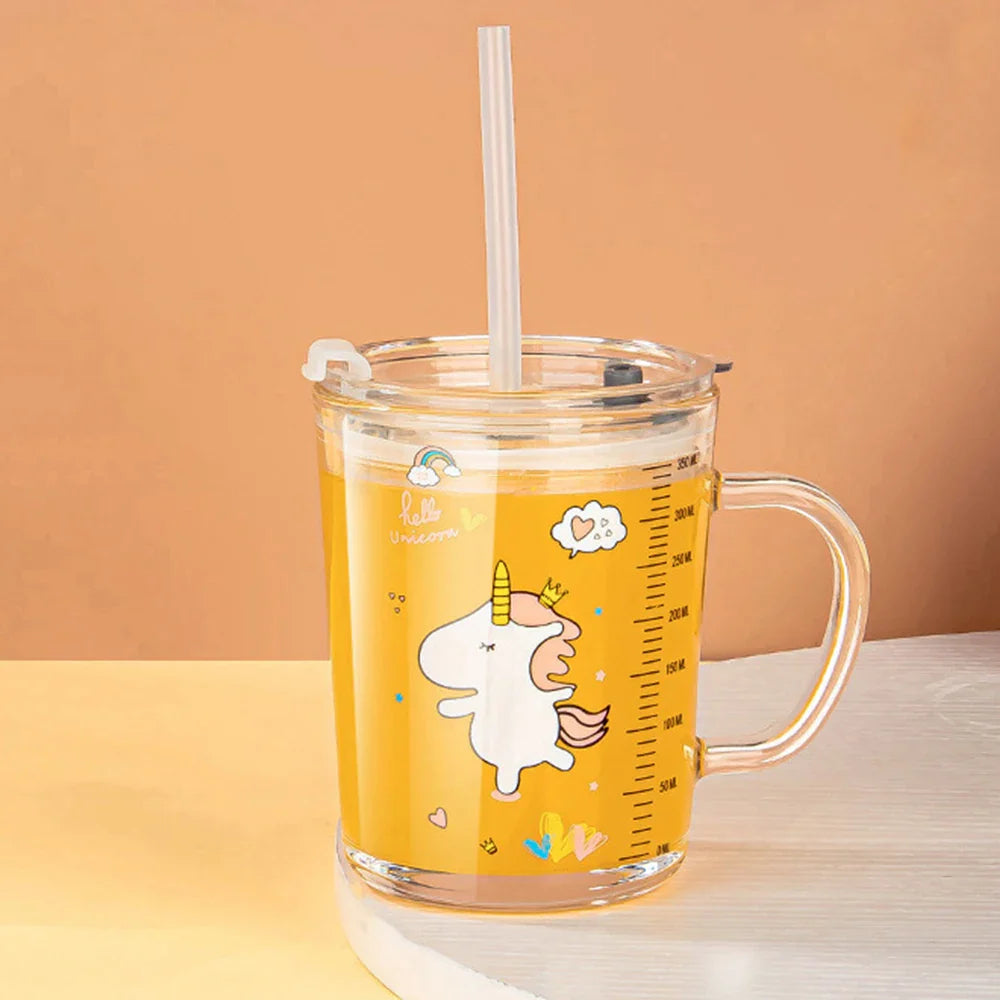 350ml Unicorn Kids Glass Cup with Straw Lid, Transparent Milk & Breakfast Cup with Measurement Scale