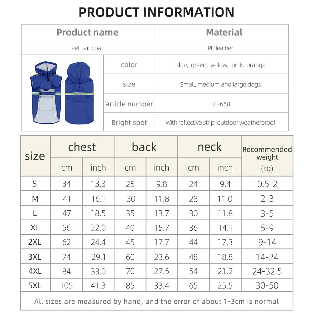 Large Hooded Dog Raincoat Waterproof Windproof Reflective Cloak for Corgi and Puppy