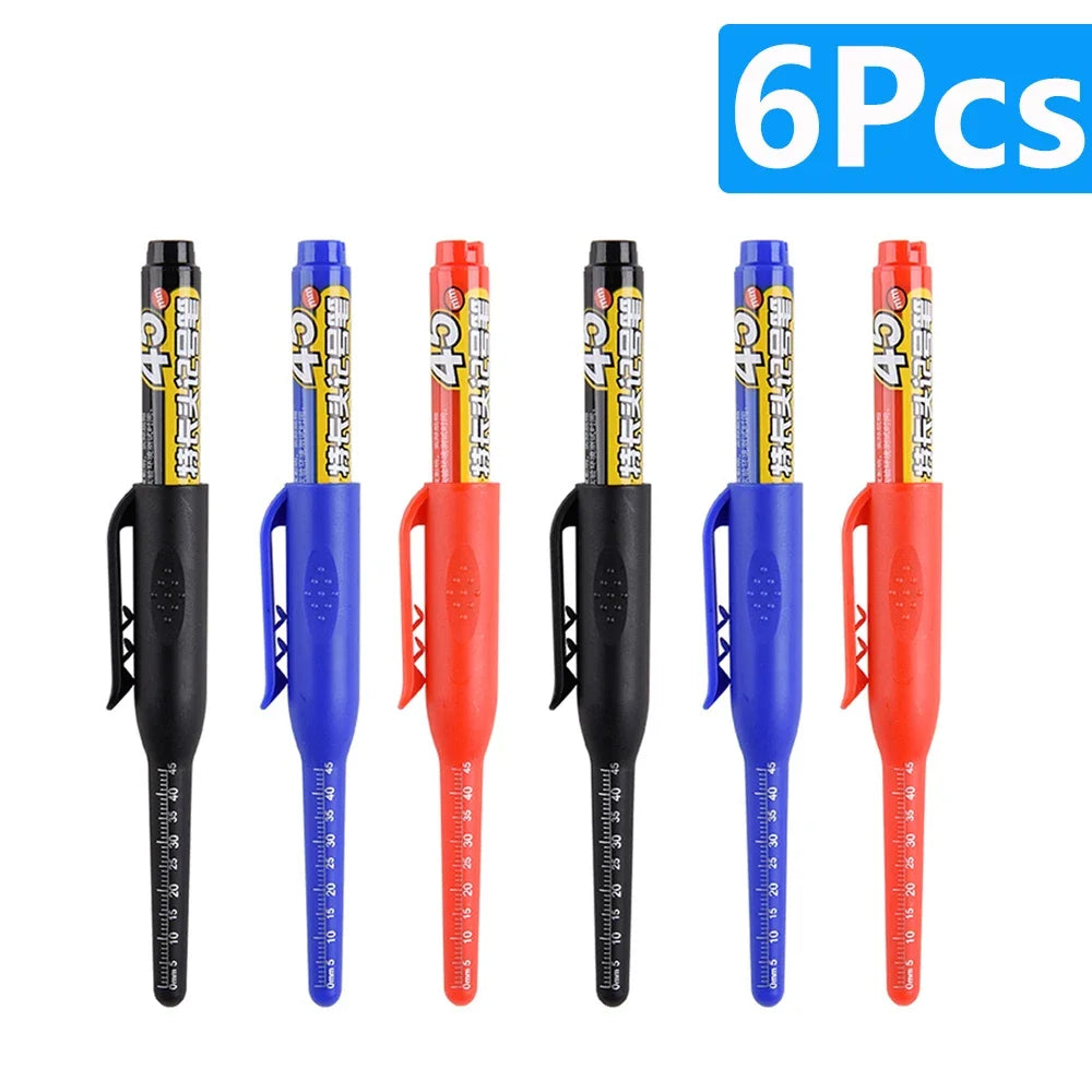 Waterproof Carpenter & Tile Marker Pen 45mm Long Nib — Deep-Hole Woodworking Marker, Black Blue Red (1–6 Pack)