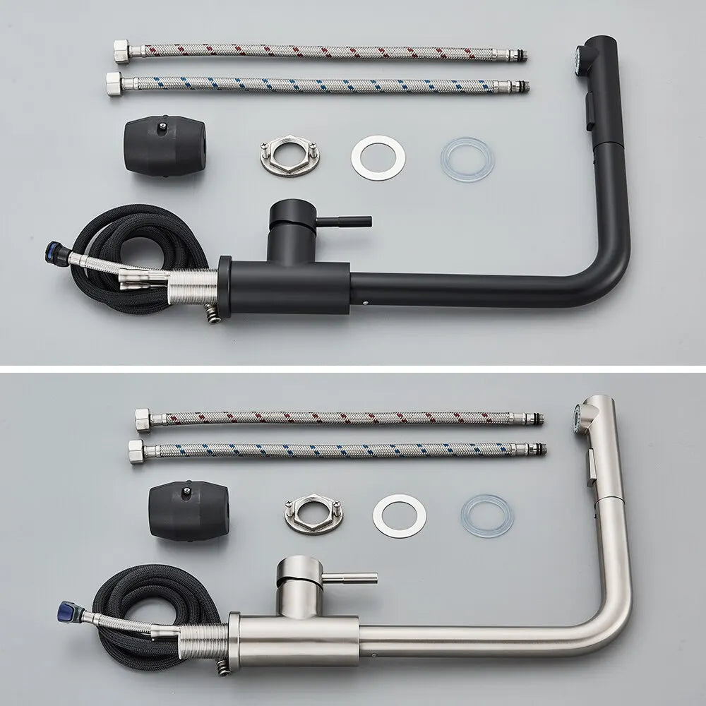 Matte Black Pull-Out Kitchen Faucet Flexible Spout 2 Modes Stream & Spray 304 Stainless Steel Deck-Mount Hot Cold Mixer
