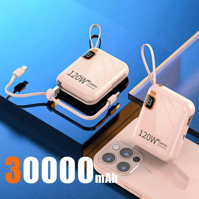 120W 50000mAh Portable Power Bank - Built-in Cables, LED Display & Flashlight, Two-Way Fast Charging for iPhone Samsung