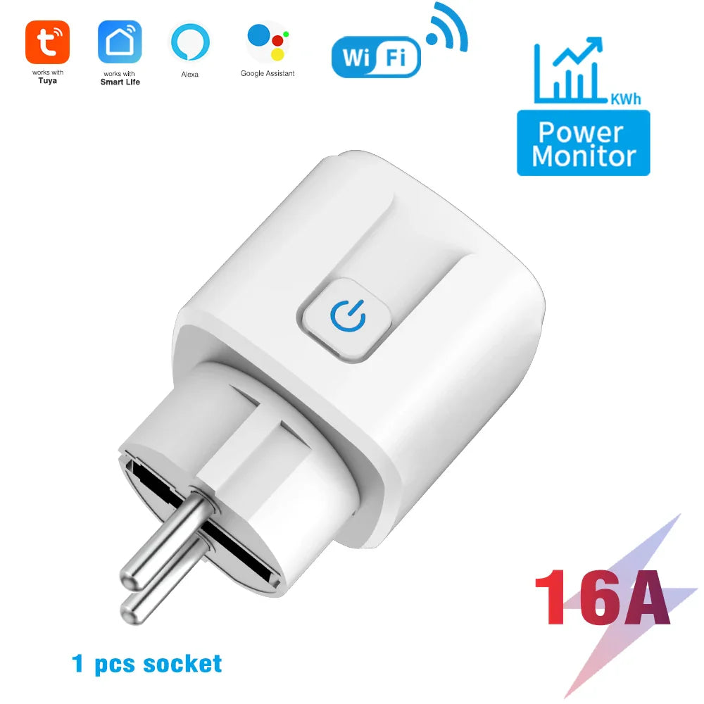Smart WiFi Dual Outlet Wall Socket 16A/20A – Voice Control with Google & Alexa, Timer & Energy Monitoring (EU Plug)