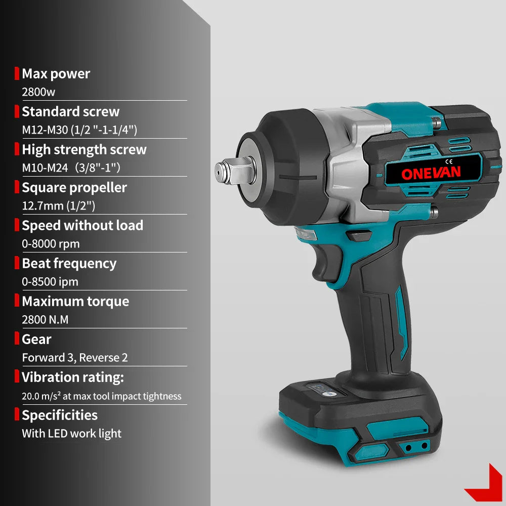 Brushless Cordless Impact Wrench 2800W 2800N·m - 1/2-inch (12.7 mm) Square Drive, Compatible with 18V Batteries