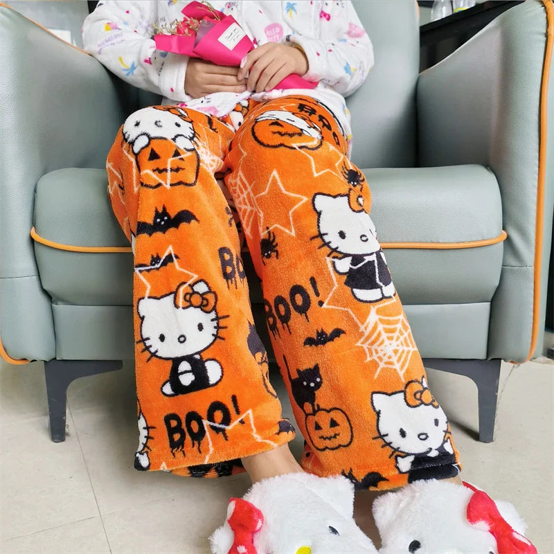 Women’s Flannel Fleece Pajama Pants – Kawaii Cartoon Elastic Waist Lounge & Sleep Trousers, Soft Anime Sleepwear Gift