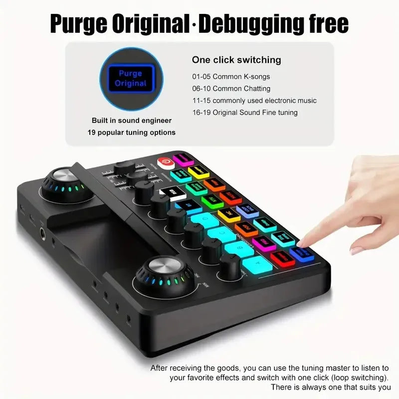 Audio Mixer Live Sound Card with DJ Effects & Voice Changer, RGB Soundboard for Music Recording, Streaming and Podcasting