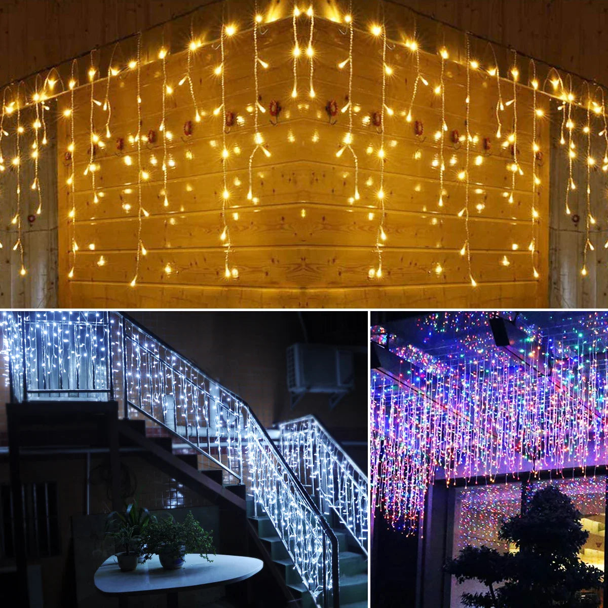 5M LED Icicle Curtain Lights – 0.4–0.6m Drop, 96 LEDs, 110–240V for Christmas, Wedding & Garden Decor (Warm White/Multicolor)