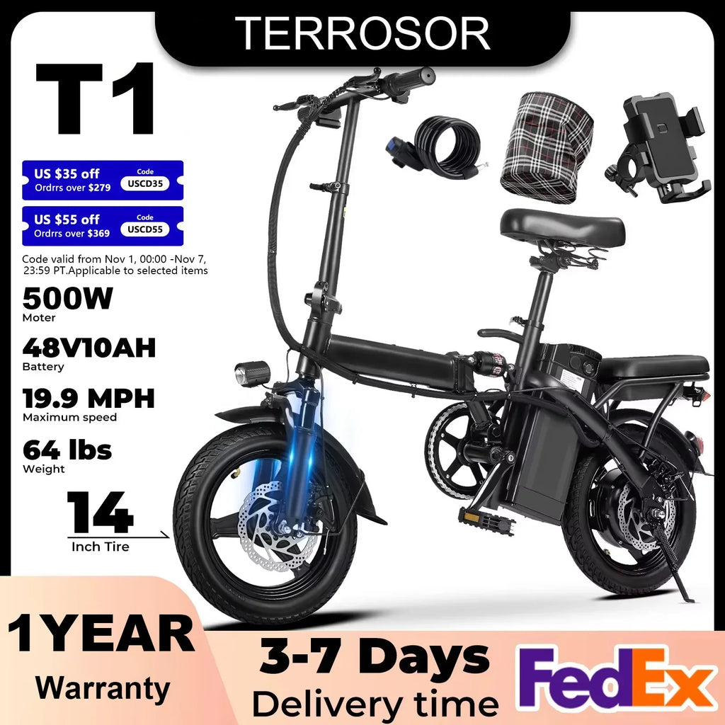 Foldable Electric Bike 500W Motor Dual Disc Brakes 14-inch (35.6 cm) Wheels 48V 10Ah Battery Up to 22 mi Range 20 MPH Commuter with Seat & Basket