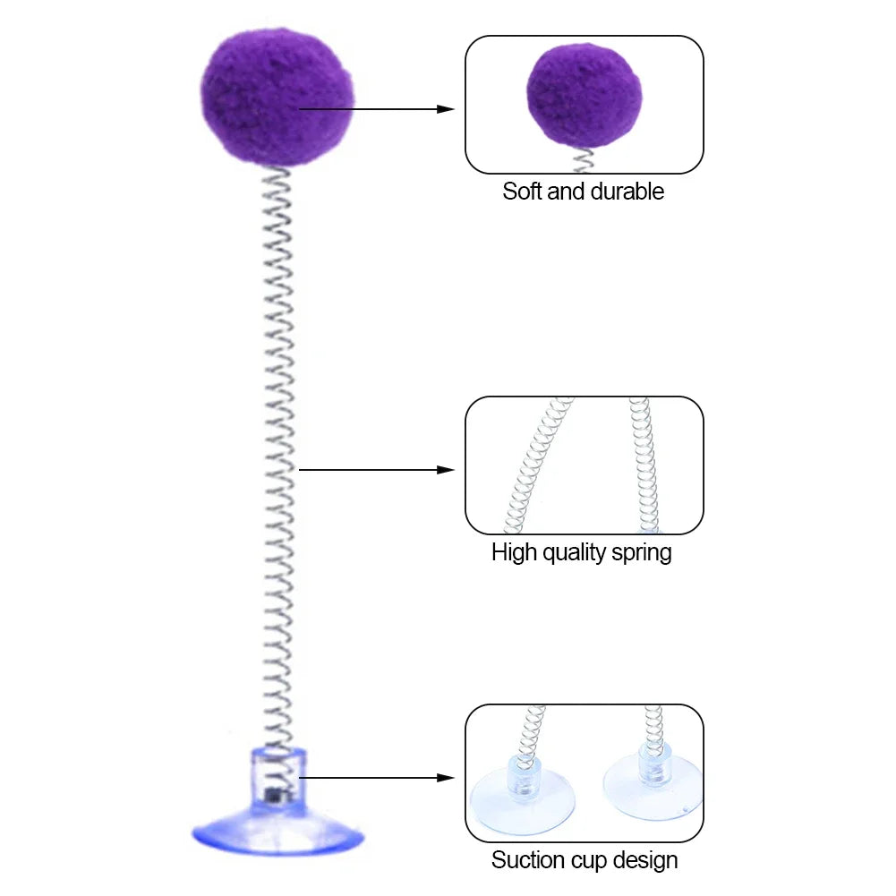 Interactive Cat Teaser Toy with Suction Cup — Fur Ball Spring Wand, Hands-Free Cat Toy (Random Color)