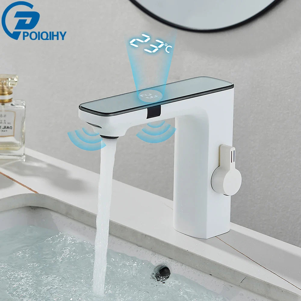 Touchless White Sensor Basin Faucet with Digital Temperature Display – Hot & Cold Mixer Tap for Bathroom Vanity