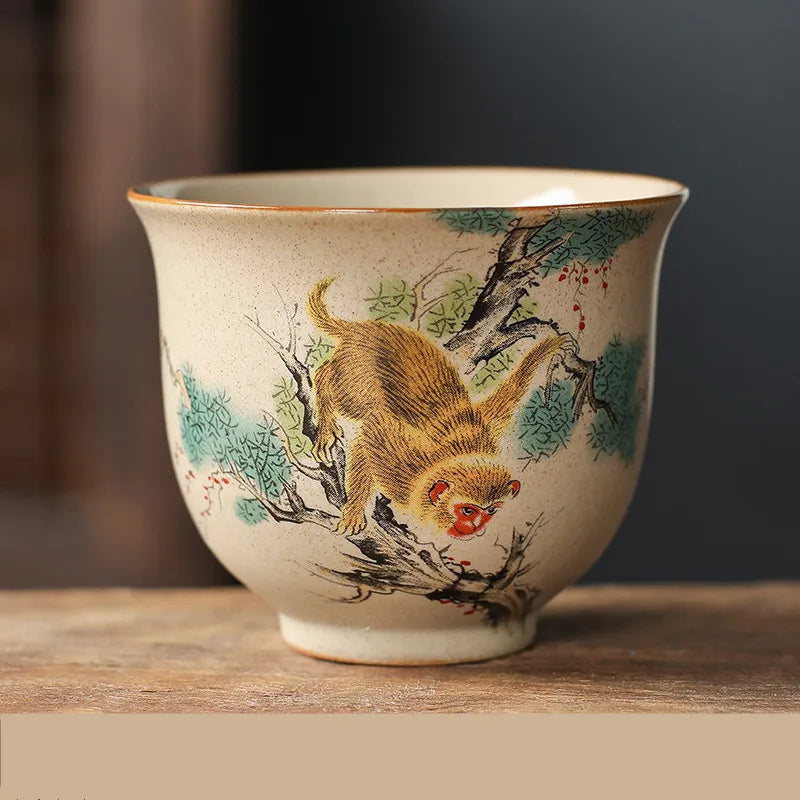 Handmade Zodiac Ceramic Teacup 110ml (3.7 fl oz) Vintage Pottery Tea Bowl for Meditation & Gongfu Tea
