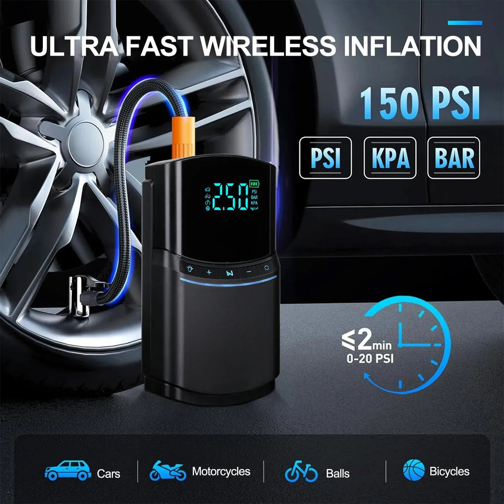 150 PSI Portable Tire Inflator & 3000A Car Jump Starter Power Bank – 12V Battery Booster with LED Flashlight & SOS Light