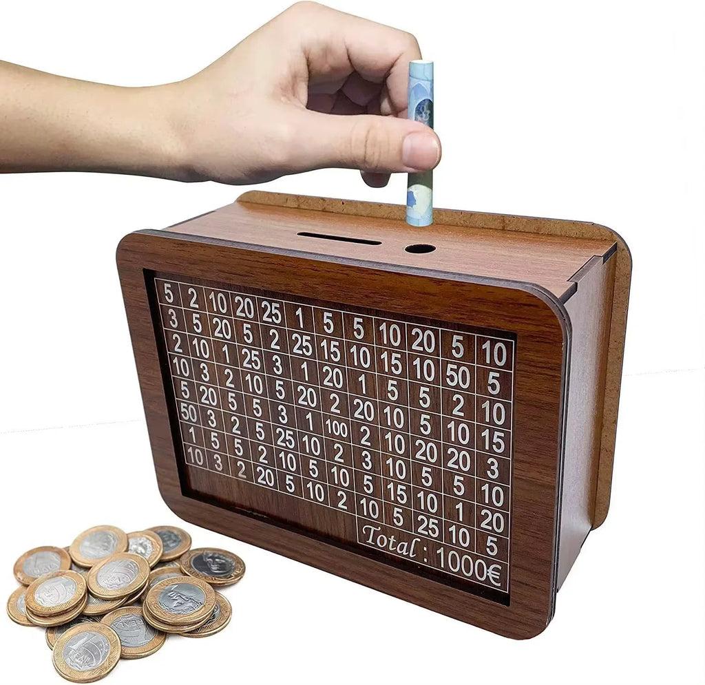 Reusable Wooden Piggy Bank Money Box with Savings Goal and Numbered Slots