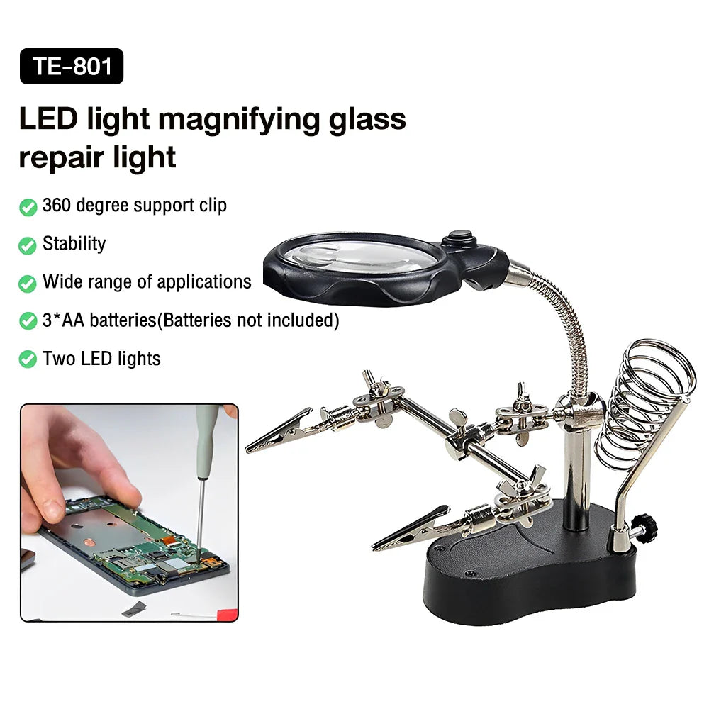 Dual Lens 3.5X/12X Soldering Magnifier with LED Lights & Alligator Clips, Adjustable Clamp Holder for PCB Repair