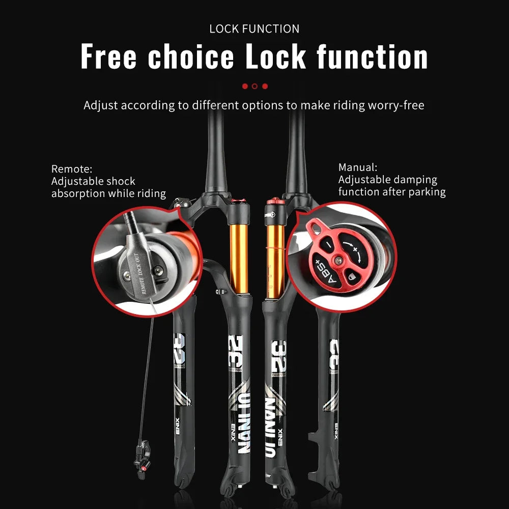 MTB Suspension Fork – Solo Air & Oil Damping, Quick Lockout, Magnesium Alloy, Disc Brake Compatible, Fits 26/27.5/29 in Wheels (Straight or Tapered Steerer)