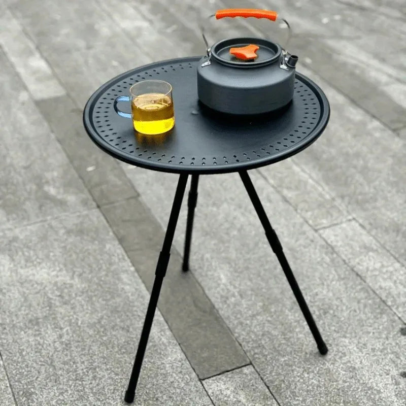 Portable Folding Camping Table – Ultra-Light Aluminum Round Table with Triangular Support, Adjustable Small Outdoor Tea & Coffee Table