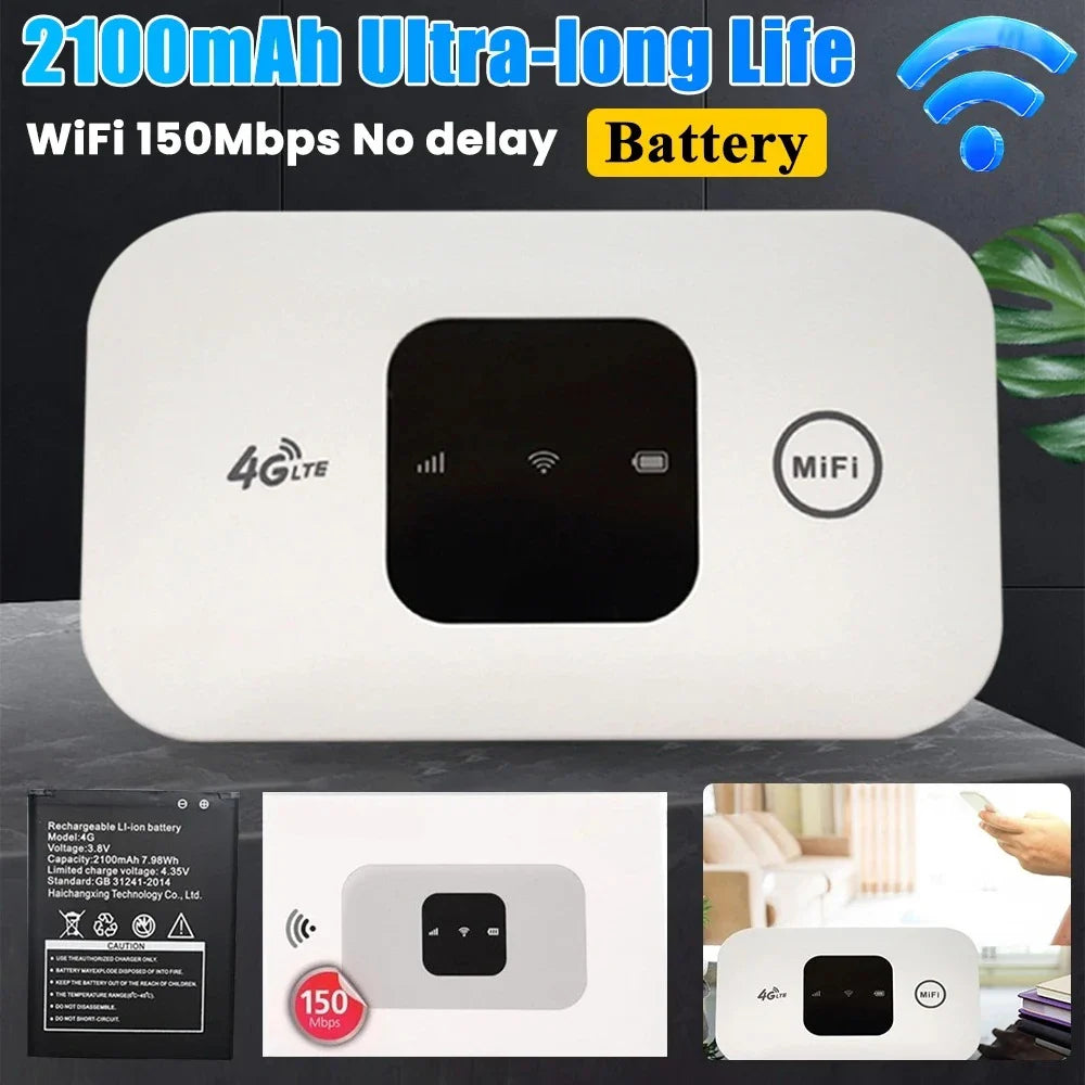 4G LTE Pocket WiFi Router 150Mbps Mobile Hotspot with SIM Slot — 2100mAh Portable WiFi for Travel Home Office