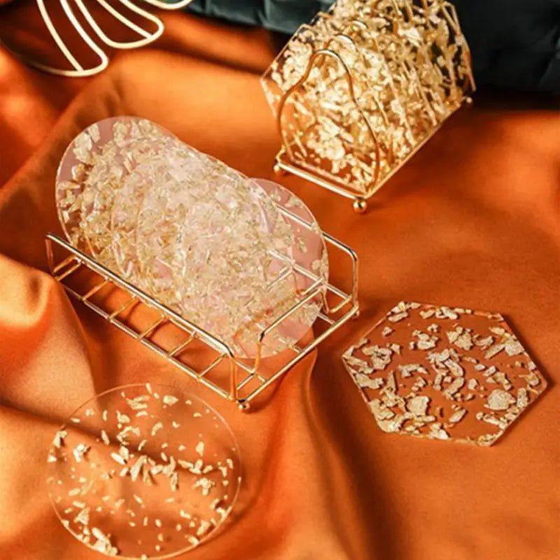 Acrylic Gold & Silver Foil Coasters, Luxury Round 3.7 in (9.5 cm) & Square 4.3 in (11 cm) Table Coasters for Coffee, Kitchen, Wedding