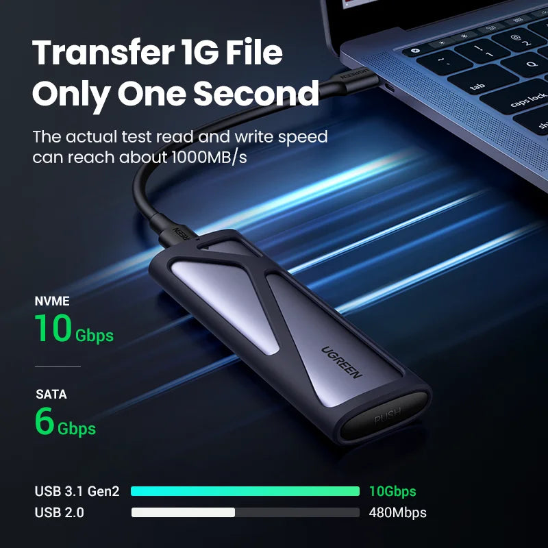 M.2 NVMe SATA SSD Enclosure USB-C 3.2 Gen2 10Gbps Tool-Free Fits 2230/2242/2260/2280 Up to 8TB Aluminum Case with Silicone Sleeve