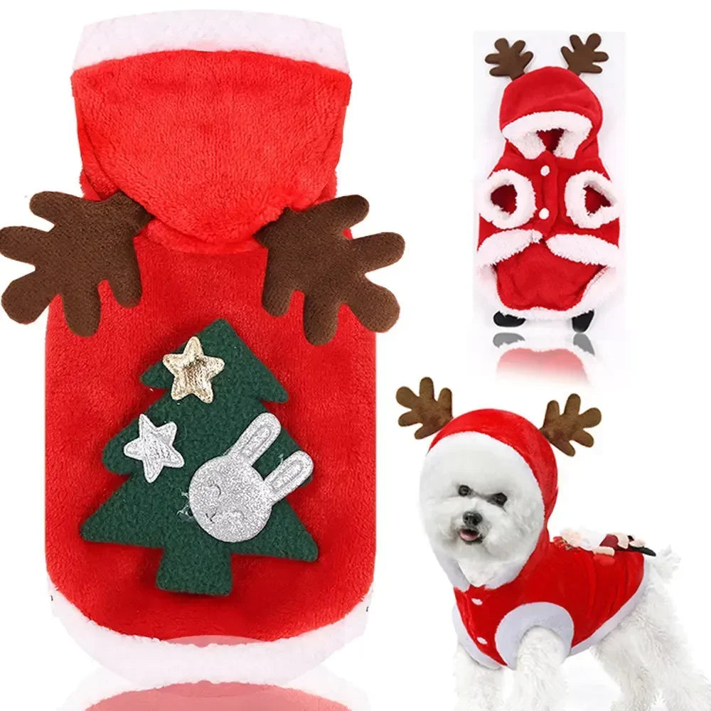 Christmas Dog Hoodie Reindeer & Santa Fleece Coat Winter Warm Pet Jacket for Small to Medium Dogs XS-2XL
