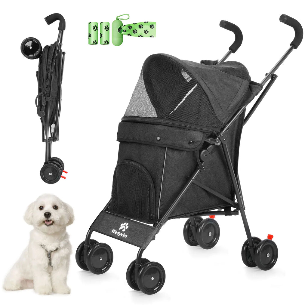 4-Wheel Pet Stroller for Dogs & Cats with Rotating Front Wheels, Brakes and Storage for Travel & Outdoor