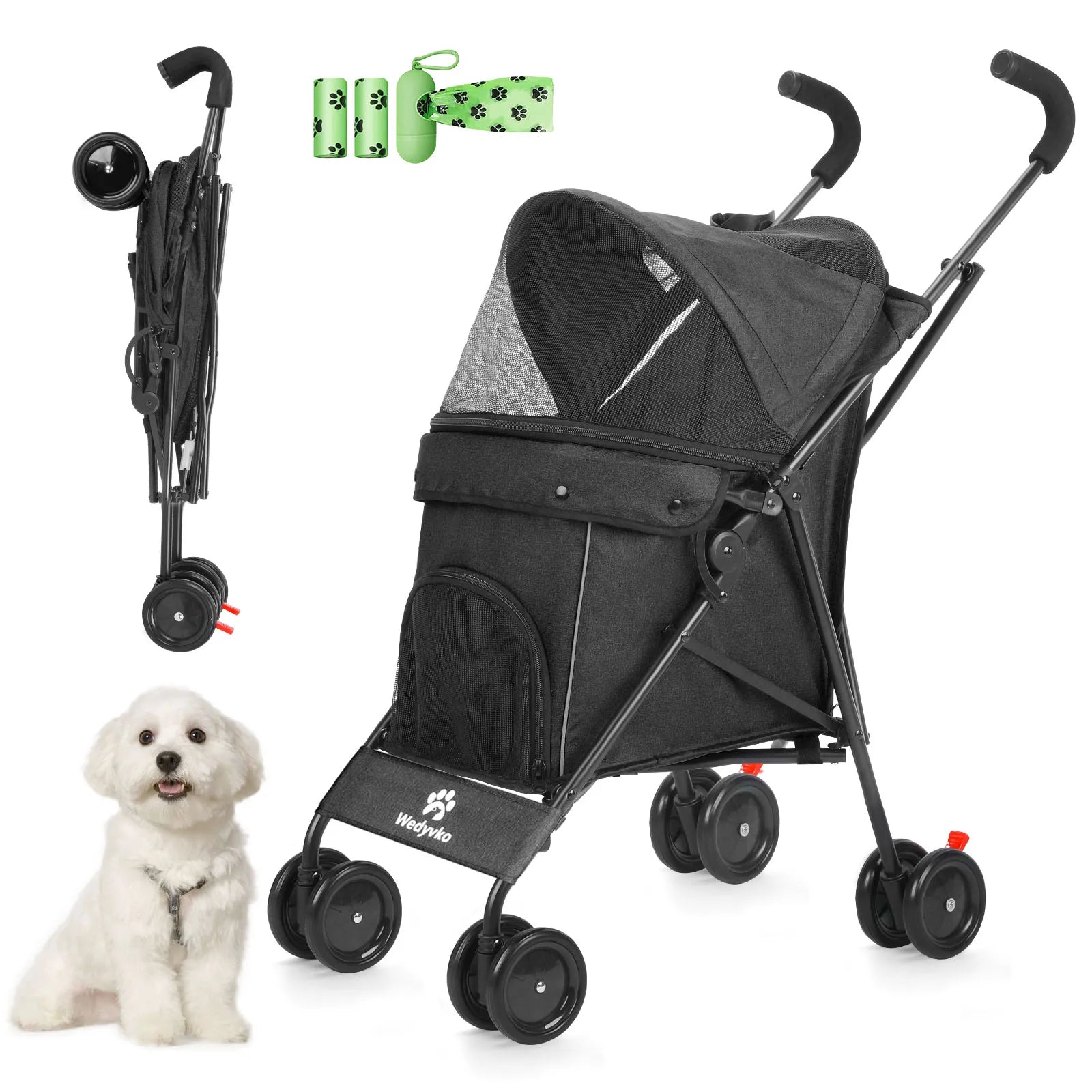 4-Wheel Pet Stroller for Dogs & Cats with Rotating Front Wheels, Brakes and Storage for Travel & Outdoor