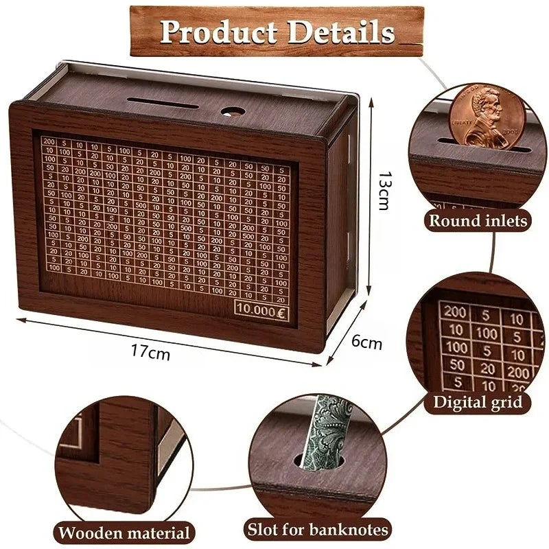 Handmade Natural Wooden Piggy Bank with Goal Counter – Decorative Savings Box for Kids & Adults