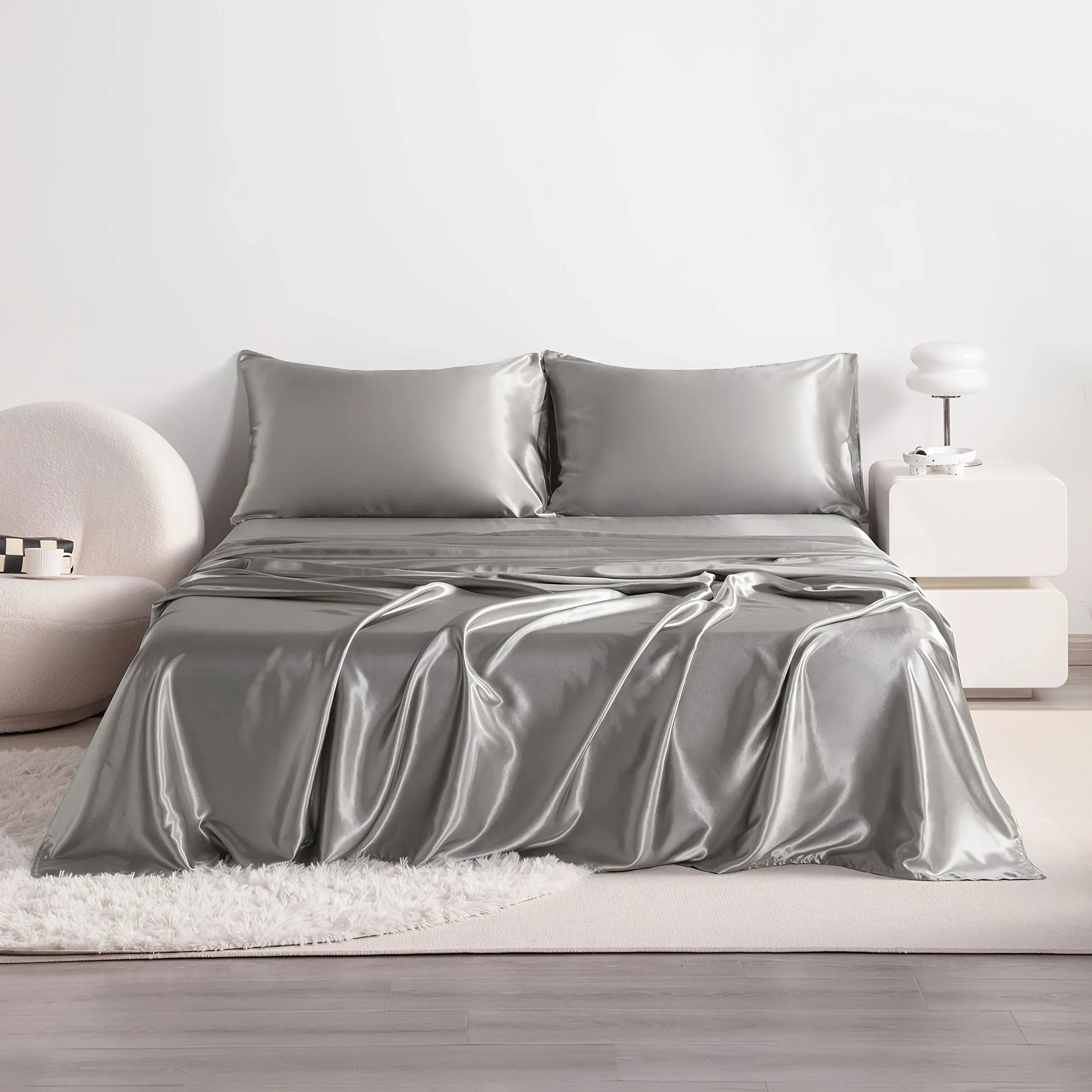 4-Piece Cooling Satin Bed Sheet Set – Breathable Hypoallergenic 500TC Flat Sheet, Fitted Sheet & 2 Pillowcases