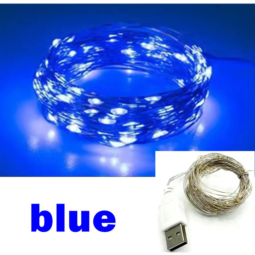 USB LED Fairy String Lights Copper or Silver Wire, Waterproof IP66, Multi-Color, 5/10/20 m (16/33/66 ft) USB Garland for Christmas Wedding Party