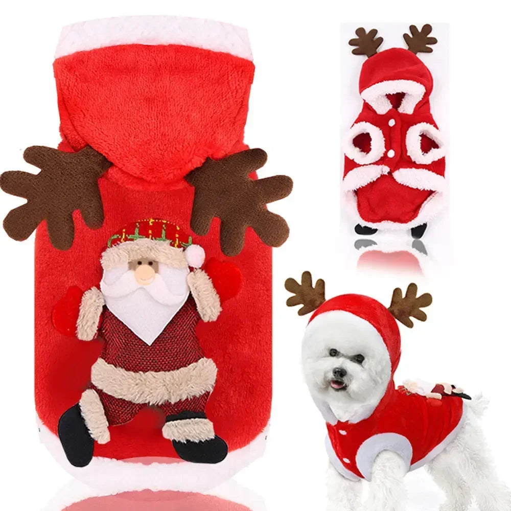 Christmas Dog Hoodie Reindeer & Santa Fleece Coat Winter Warm Pet Jacket for Small to Medium Dogs XS-2XL