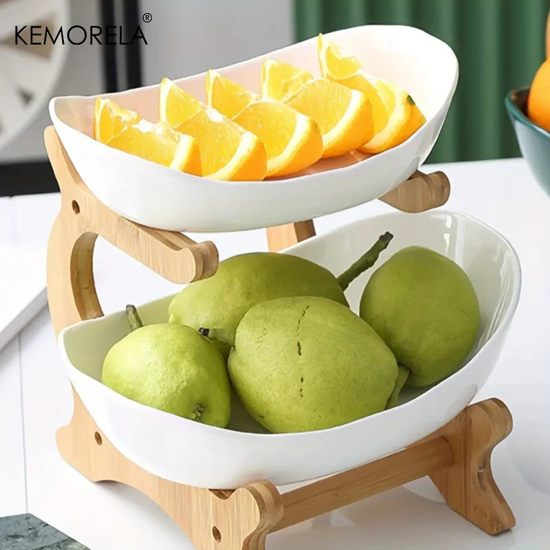 2/3-Tier Wooden Fruit Stand - Modern Snack & Candy Tray, Dried Fruit Basket and Cake Stand