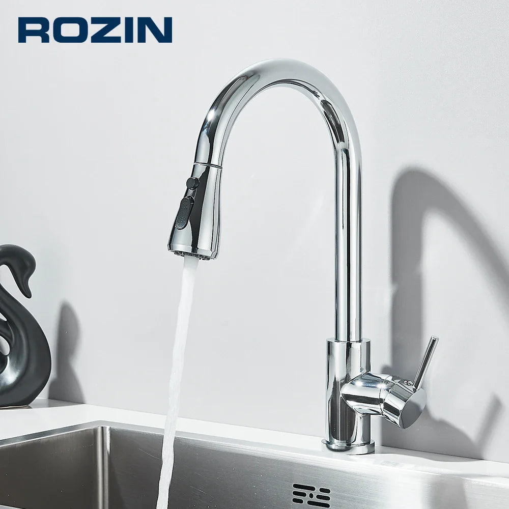 Chrome Deck-Mounted Pull-Out Kitchen Faucet - Single-Handle Single-Hole Mixer Tap with Ceramic Valve & Stream Sprayer
