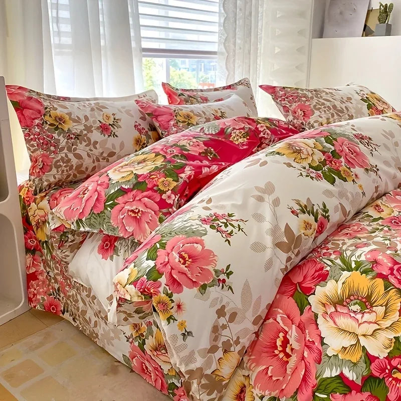 Floral Microfiber Duvet Cover Set with Zipper Closure - 3-Piece Reversible Botanical Print Bedding (1 Duvet Cover, 2 Pillowcases)